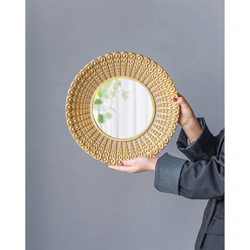 14" Gold Beaded Sunburst Mirror, Round Accent Wall Mirror for Living